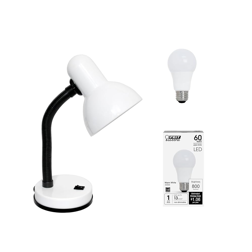 Simple Designs LD1003-WHT-LB 14.25" Basic Metal Desk Lamp with Flexible Hose Neck for Office, Living Room, Bedroom, College Dorm, Bookshelf, White, with Feit LED Bulb Included