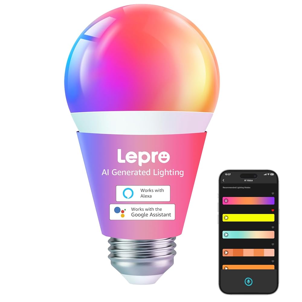 Lepro B1 AI Smart Light Bulbs - WiFi & Bluetooth RGBWW Color Changing LED Bulb Compatible with Alexa & Google Assistant, AI Generated Lighting LLM, AI Voice Control, Music Sync, 2.4GHz Only, 1 Pack
