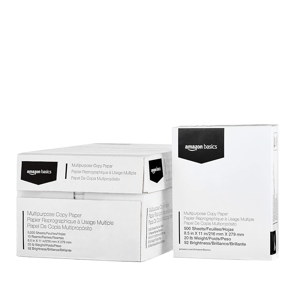Amazon Basics Multipurpose Copy Printer Paper, 20 lb, 8.5 x 11 Inches, 10 Reams (5,000 Sheets), 92 Bright, White