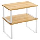 SONGMICS Cabinet Organizer Shelf, Set of 2 Kitchen Counter Shelves, Kitchen Storage, Spice Rack, Stackable, Expandable, Metal and Engineered Wood, Cloud White and Natural Beige UKCS02NW