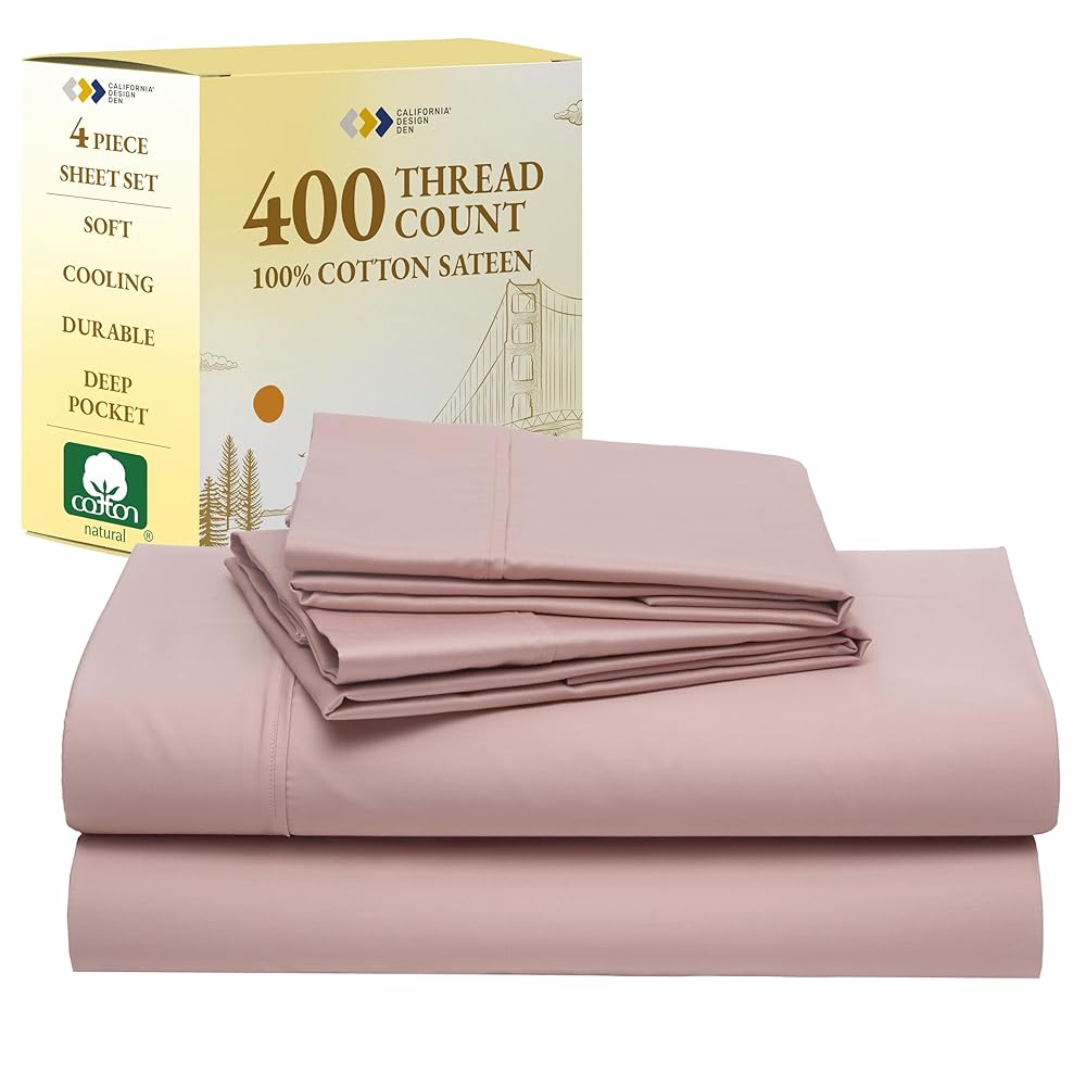 California Design Den Natural 100% Cotton Sheets Queen Size Set - 400 Thread Count Sateen, Deep Pocket Queen Bed Sheet Set with All Around Elastic, Soft, Cool and Durable Bedding - Pale Mauve