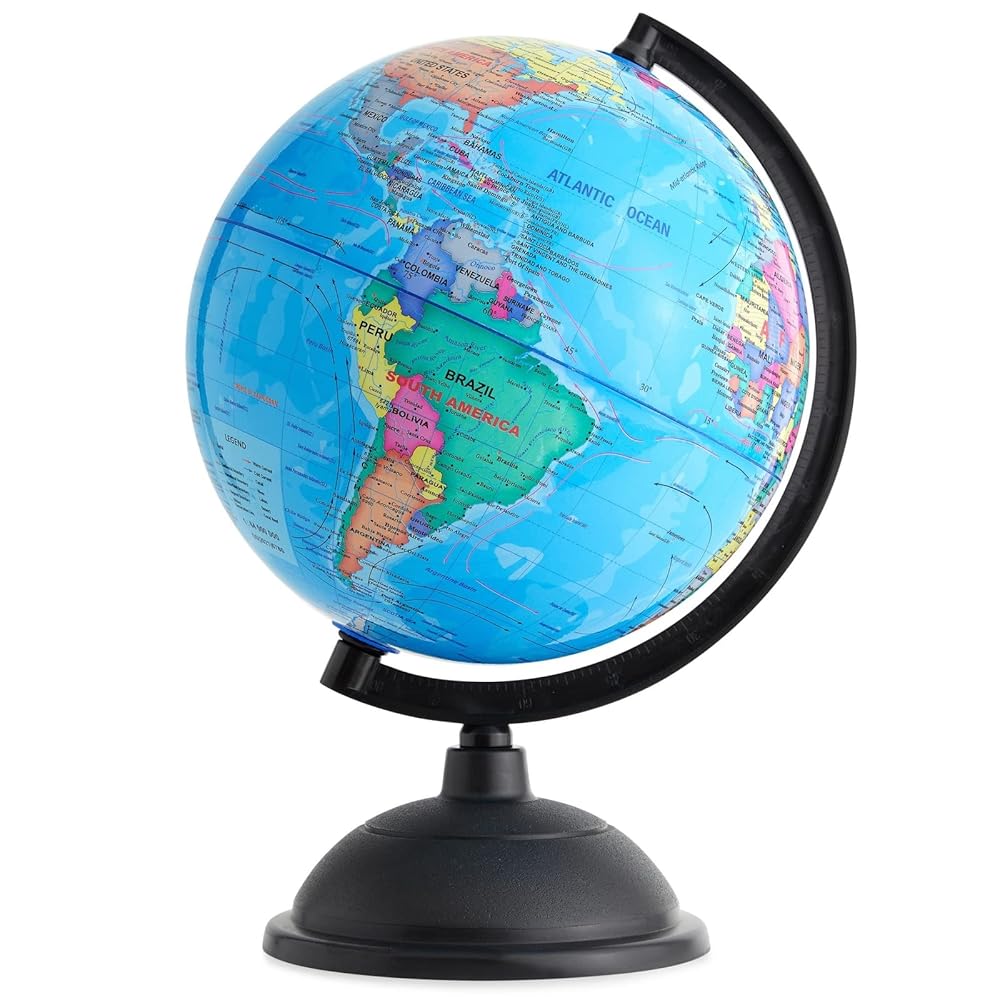 Juvale Rotating World Globe for Kids Learning - 8-Inch Spinning Earth Globe with Plastic Stand - Multicolor Map for Classroom Geography Education