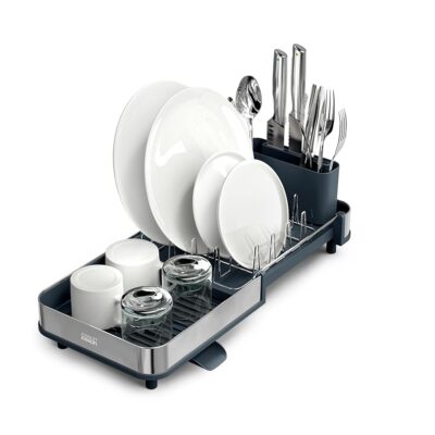 Joseph Joseph Extend Slim Steel Expandable Dish Drying Rack with Removable Cutlery Holder and Swivel Draining Spout, Compact Design, Grey