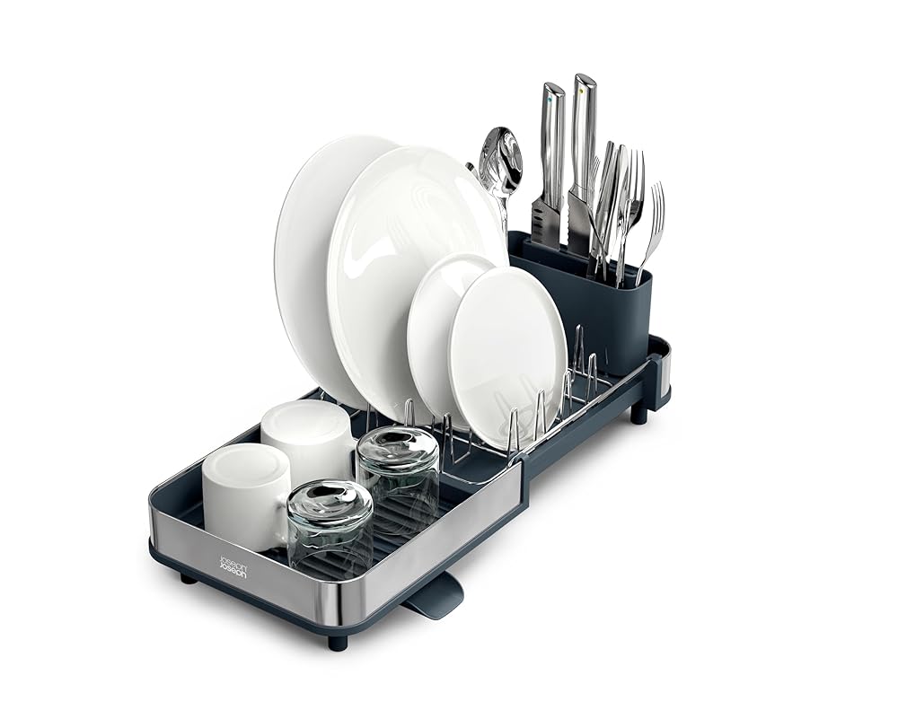 Joseph Joseph Extend Slim Steel Expandable Dish Drying Rack with Removable Cutlery Holder and Swivel Draining Spout, Compact Design, Grey