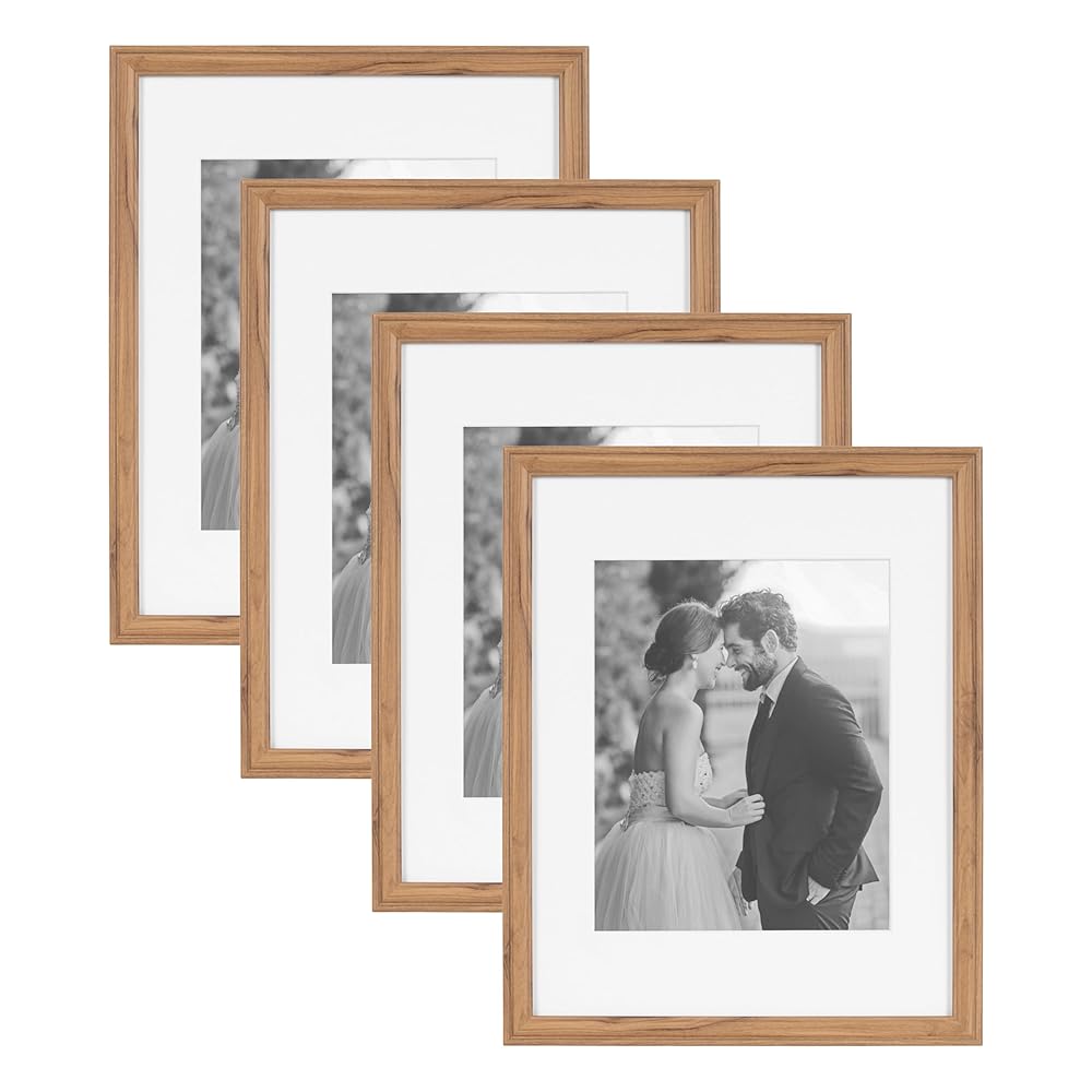 Kate and Laurel Adlynn Rectangle Picture Frame Set of 4, 11 x 14 matted to 8 x 10, Brown, Transitional Four-Piece Frame Set for Gallery Wall Frame Set in Living Room Wall Decor