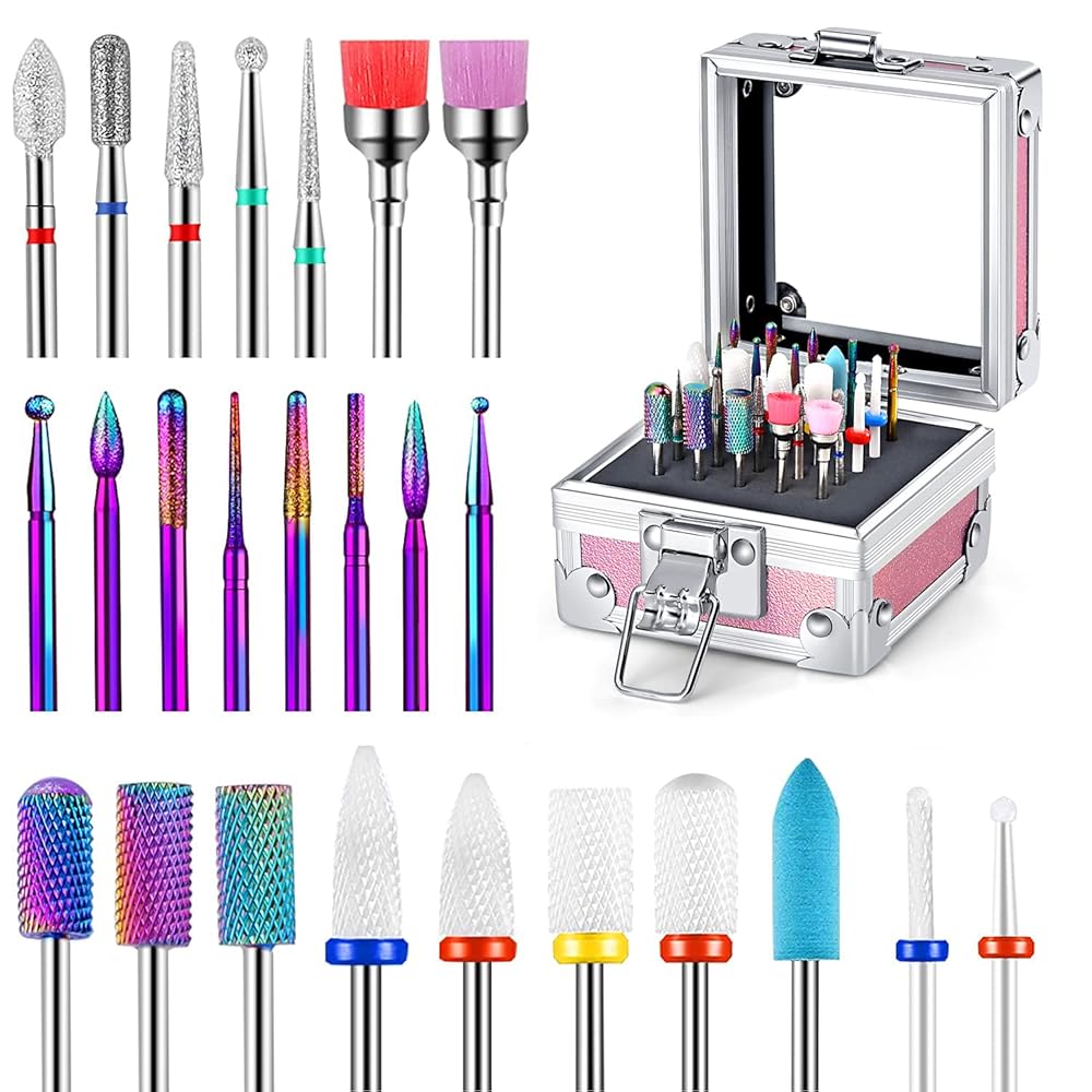 25Pcs Nail Drill Bits Set with Holder, 3/32 Inch Ceramic Tungsten Carbide Diamond Nail Drill Bit Cuticle Efile Remover for Home Salon Manicure Pedicure Acrylic Gel Polish