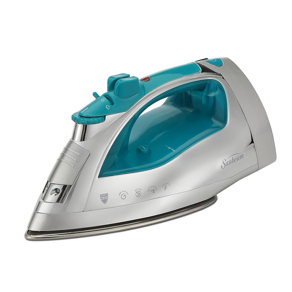 Sunbeam Turbo Steam Iron, 1400 Watt, Nonstick Ceramic Soleplate, Horizontal or Vertical Shot of Steam, Quick Heating, 3-Way Auto-Off, White and Chrome (Chrome/Teal)