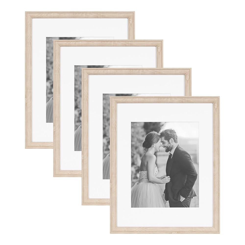 Kate and Laurel Adlynn Rectangle Picture Frame Set of 4; 11 x 14 matted to 8 x 10; Natural; Transitional Four-Piece Frame Set for Gallery Wall Frame Set in Living Room Wall Decor