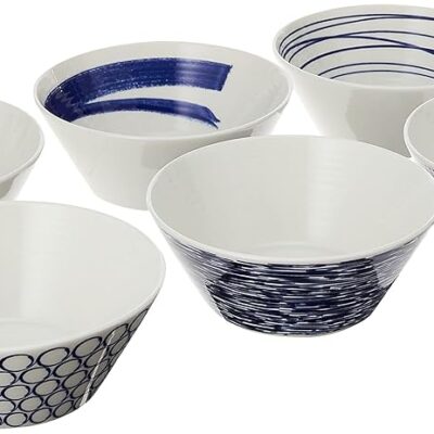 Royal Doulton Porcelain Pacific Mixed Patterns Bowls Set of 6, Blue/White, 5.9"