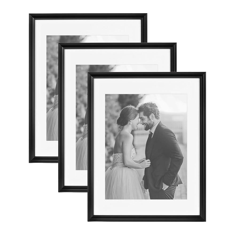 Kate and Laurel Adlynn Rectangle Picture Frame Set of 3, 14 x 18 matted to 11 x 14, Black, Modern Three-Piece Frame Set for Gallery Wall Frame Set in Living Room Wall Decor
