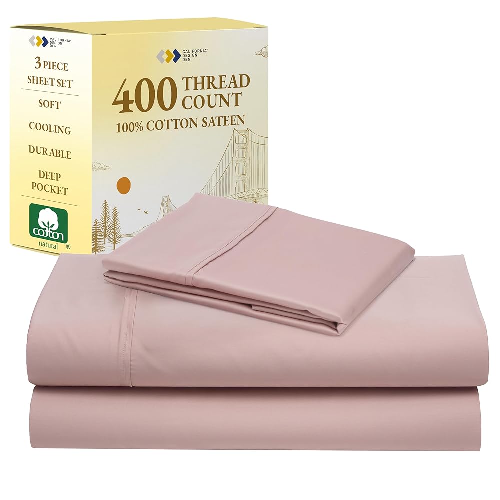 California Design Den Natural 100% Cotton Bed Sheets Twin Size Set - 400 Thread Count Sateen, Deep Pocket Sheet Set with All Around Elastic, Soft, Cool and Durable Bedding - Pale Mauve