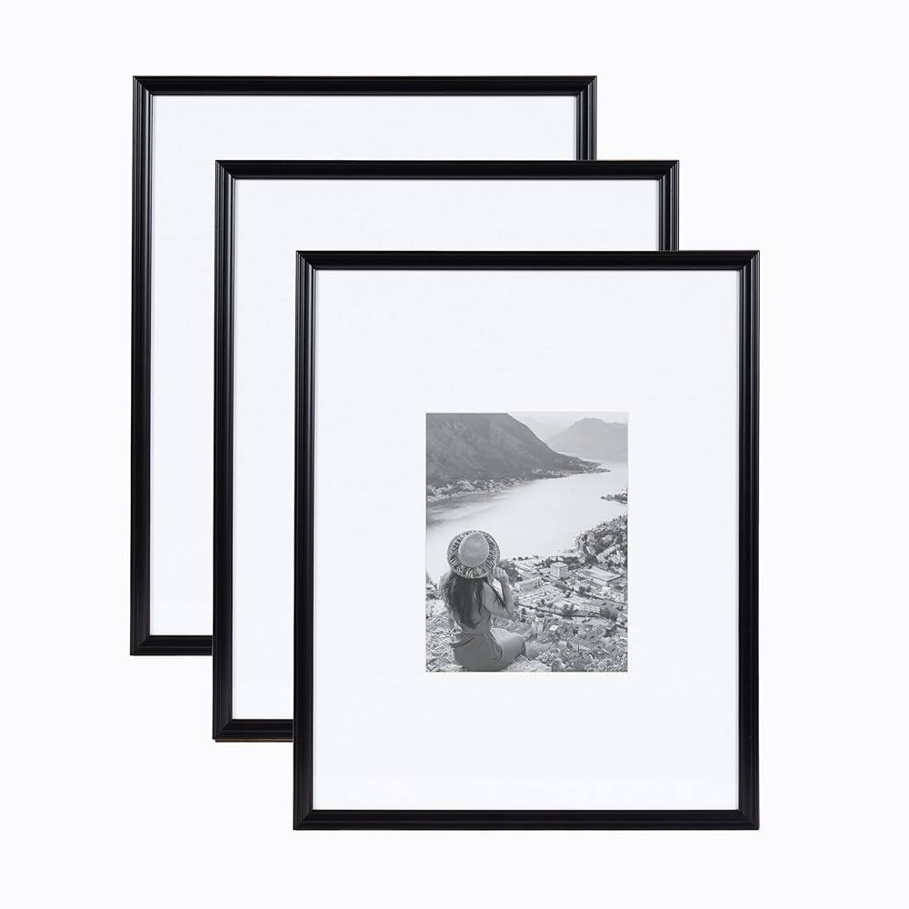 Kate and Laurel Adlynn Rectangle Picture Frame Set of 3; 16 x 20 matted to 8 x 10; Black; Modern Three-Piece Frame Set for Gallery Wall Frame Set in Living Room Wall Decor
