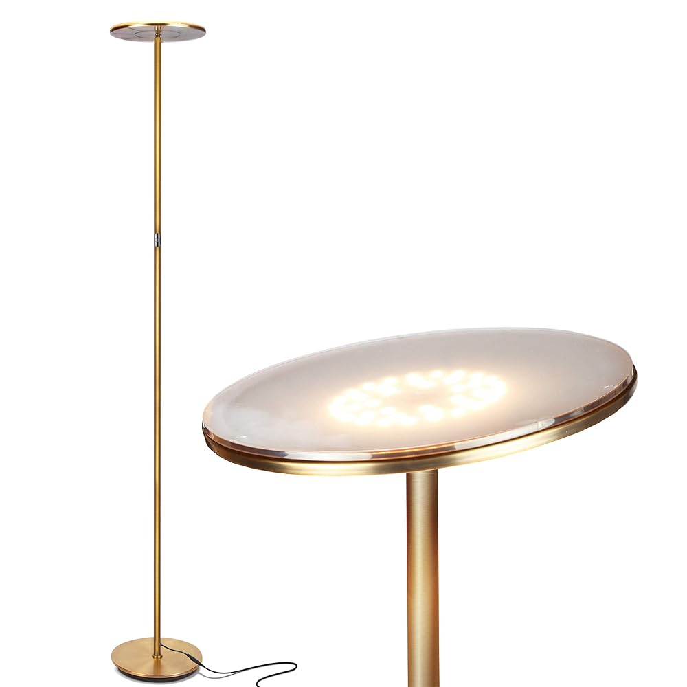 Brightech Sky LED Floor lamp for Living Rooms & Offices -Torchiere Super Bright , Dimmable, Tall Standing Lamp for Bedroom Reading - Gold Brass