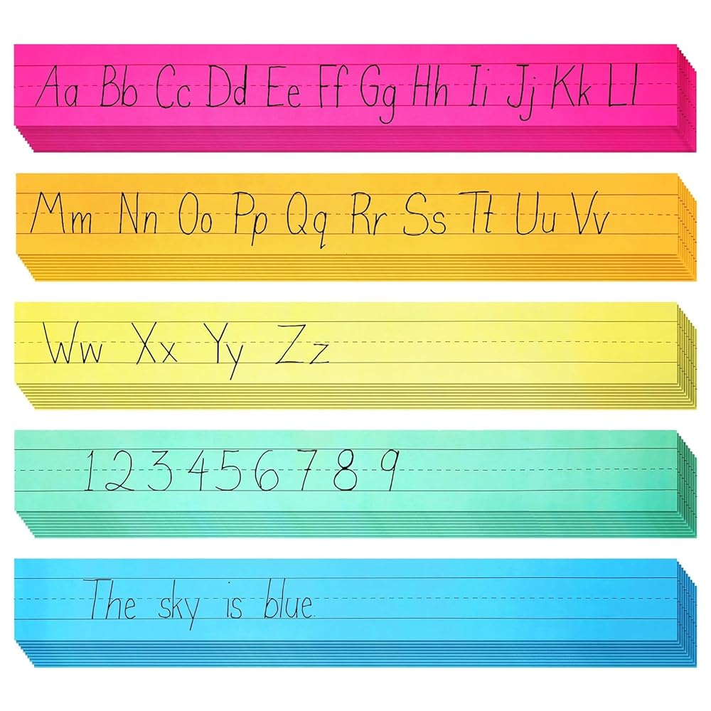 100 Pack Colored Sentence Strips for Teacher Supplies, Classroom, Lined Paper Borders for Writing Words (5 Colors, 3 x 24 in)