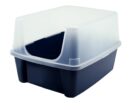 IRIS USA Open Top Cat Litter Tray with Scatter Shield, Sturdy Easy to Clean Open Air Kitty Litter Pan with Tall Spray and Scatter Shield, Navy