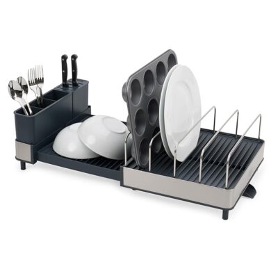Joseph Joseph Extend Max Steel Expanding Dish Drying Rack, high Capacity for Large Items, Cutlery and Knife Holder, Swivel Draining Spout, Stainless Steel