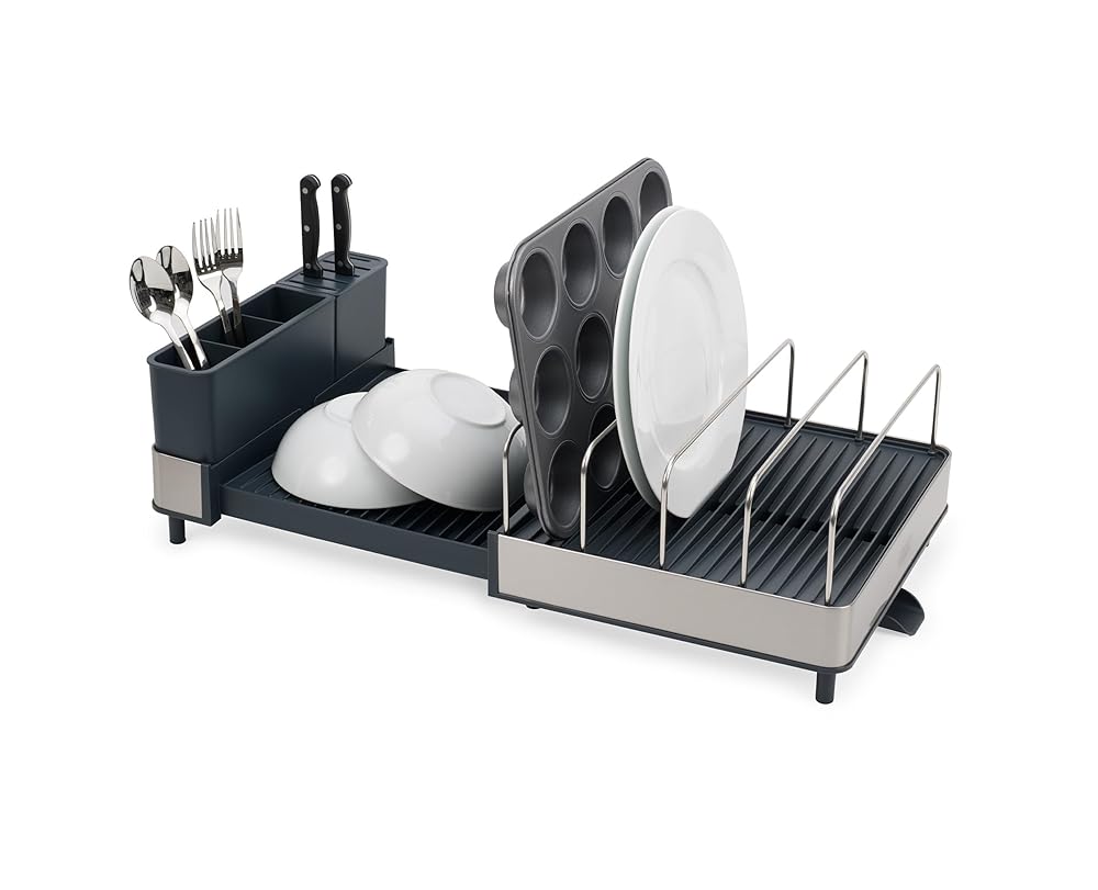 Joseph Joseph Extend Max Steel Expanding Dish Drying Rack, high Capacity for Large Items, Cutlery and Knife Holder, Swivel Draining Spout, Stainless Steel