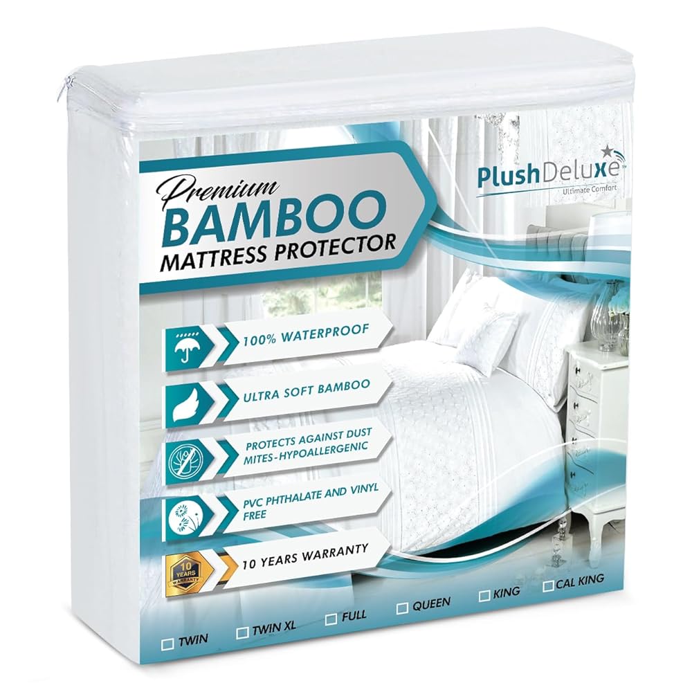 PlushDeluxe Premium Bamboo Mattress Protector – Full Size, Waterproof, & Ultra Soft Breathable Noiseless Washable Bed Mattress Cover for Comfort & Protection - White