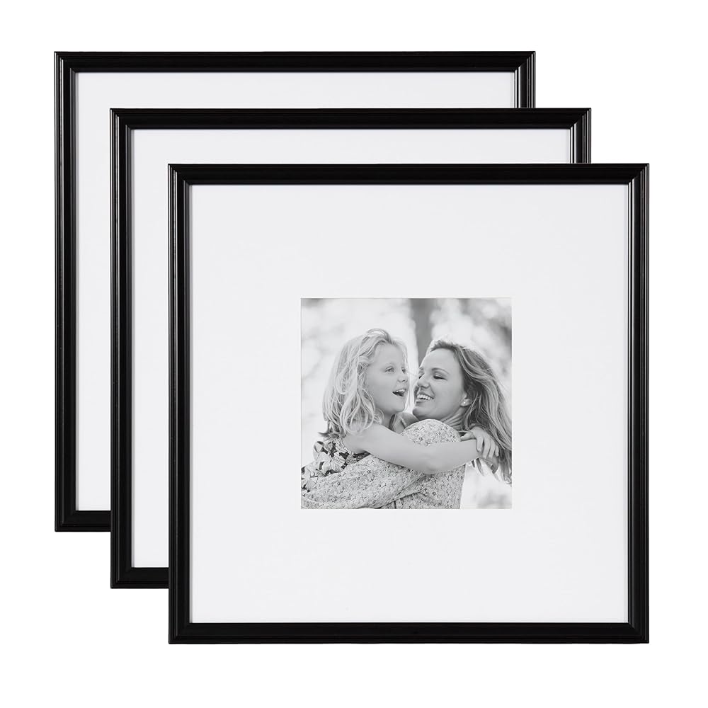 Kate and Laurel Adlynn Square Picture Frame Set of 3, 16 x 16 matted to 8 x 8, Black, Modern Three-Piece Frame Set for Gallery Wall Frame Set in Living Room Wall Decor