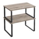 SONGMICS Cabinet Organizer Shelf, Set of 2 Kitchen Counter Shelves, Kitchen Storage, Spice Rack, Stackable, Expandable, Metal and Engineered Wood, Ink Black and Heather Greige UKCS020X02