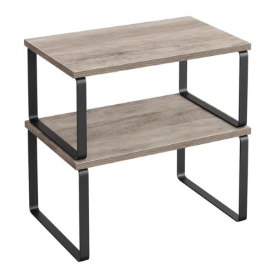 SONGMICS Cabinet Organizer Shelf, Set of 2 Kitchen Counter Shelves, Kitchen Storage, Spice Rack, Stackable, Expandable, Metal and Engineered Wood, Ink Black and Heather Greige UKCS020X02