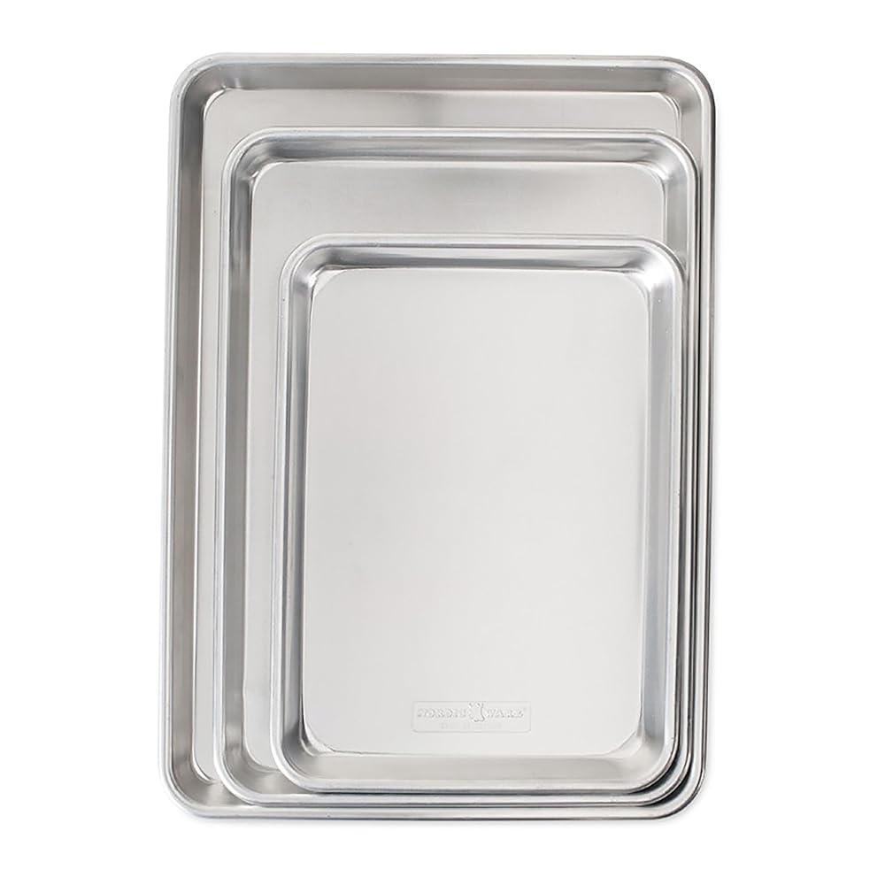 Nordic Ware Naturals 3 Piece Set - USA Made Aluminum Commercial Quality Sheet Pan for Baking or Roasting, Encapsulated Galvanized Steel Rim Prevents Warping; Half Sheet, Jelly Roll and Quarter Sheet