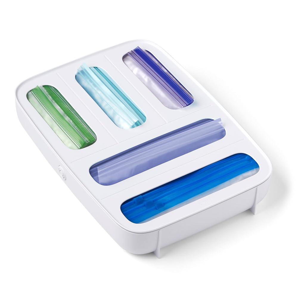 YouCopia StoraBag Drawer Food Bag Dispenser, Plastic Sandwich Bags Organizer for Kitchen Storage, 5-Slot, White