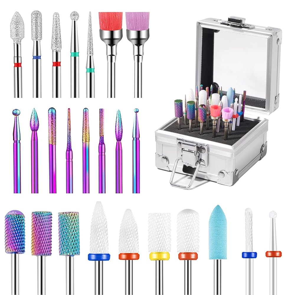 25Pcs Nail Drill Bits Set with Holder, 3/32 Inch Ceramic Tungsten Carbide Diamond Nail Drill Bit Cuticle Efile Remover for Home Salon Manicure Pedicure Acrylic Gel Polish