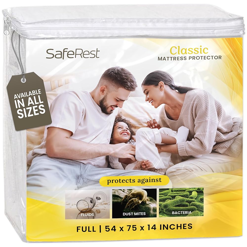 SafeRest Waterproof Mattress Protector Full Size – Absorbent Breathable Soft Fitted Bed Cover with 18" Deep Stretchable Pockets – Machine Washable Full Mattress Cover
