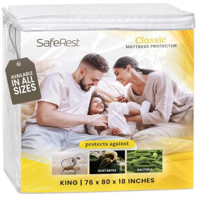 SafeRest Waterproof Mattress Protector King Size – Absorbent Breathable Soft Fitted Bed Cover with 18" Deep Stretchable Pockets – Machine Washable King Mattress Cover
