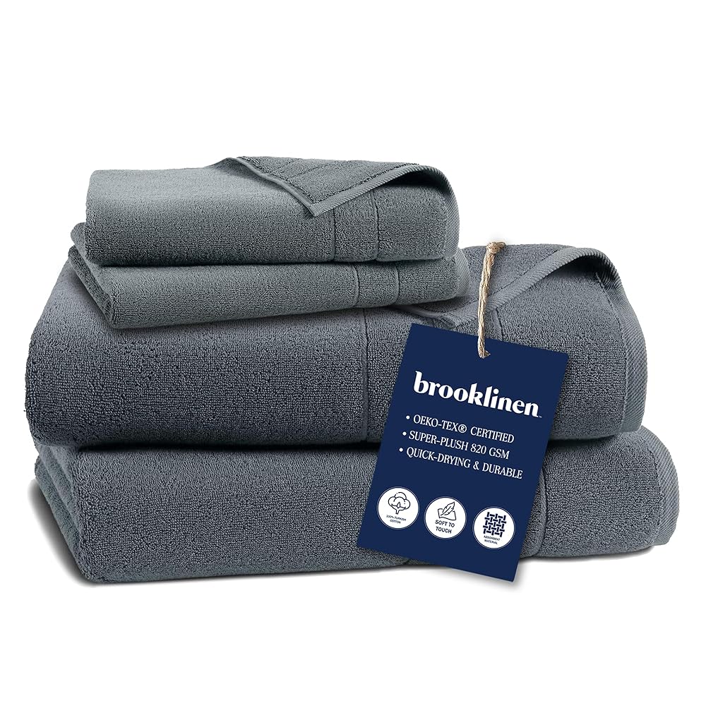 Brooklinen Super-Plush Turkish Cotton Bath Sheets Set - 2 Bath Sheets + 2 Hand Towels Cotton, 820 GSM, Highly Absorbent, Machine Washable, Perfect for Home & Bathroom (Slate Grey)