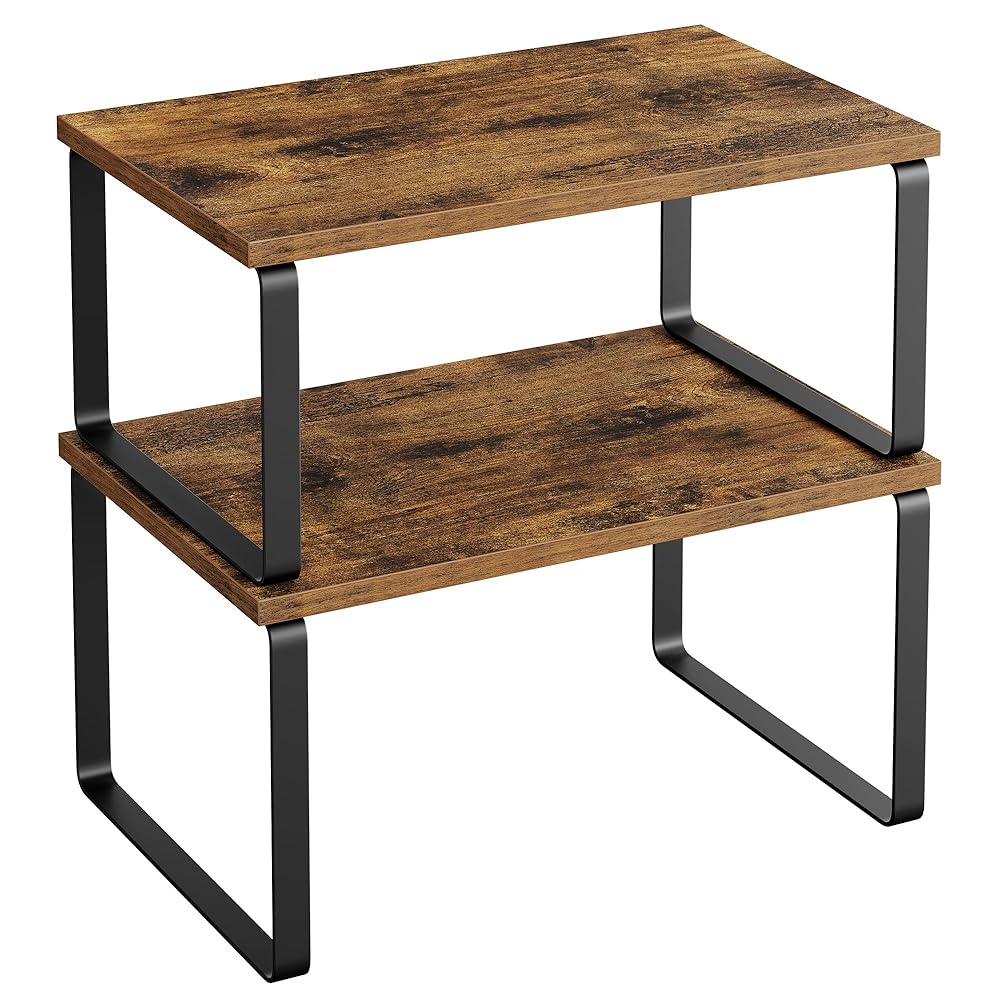 SONGMICS Cabinet Organizer Shelf, Set of 2 Kitchen Counter Shelves, Kitchen Storage, Spice Rack, Stackable, Expandable, Metal and Engineered Wood, Ink Black and Rustic Brown UKCS020X01