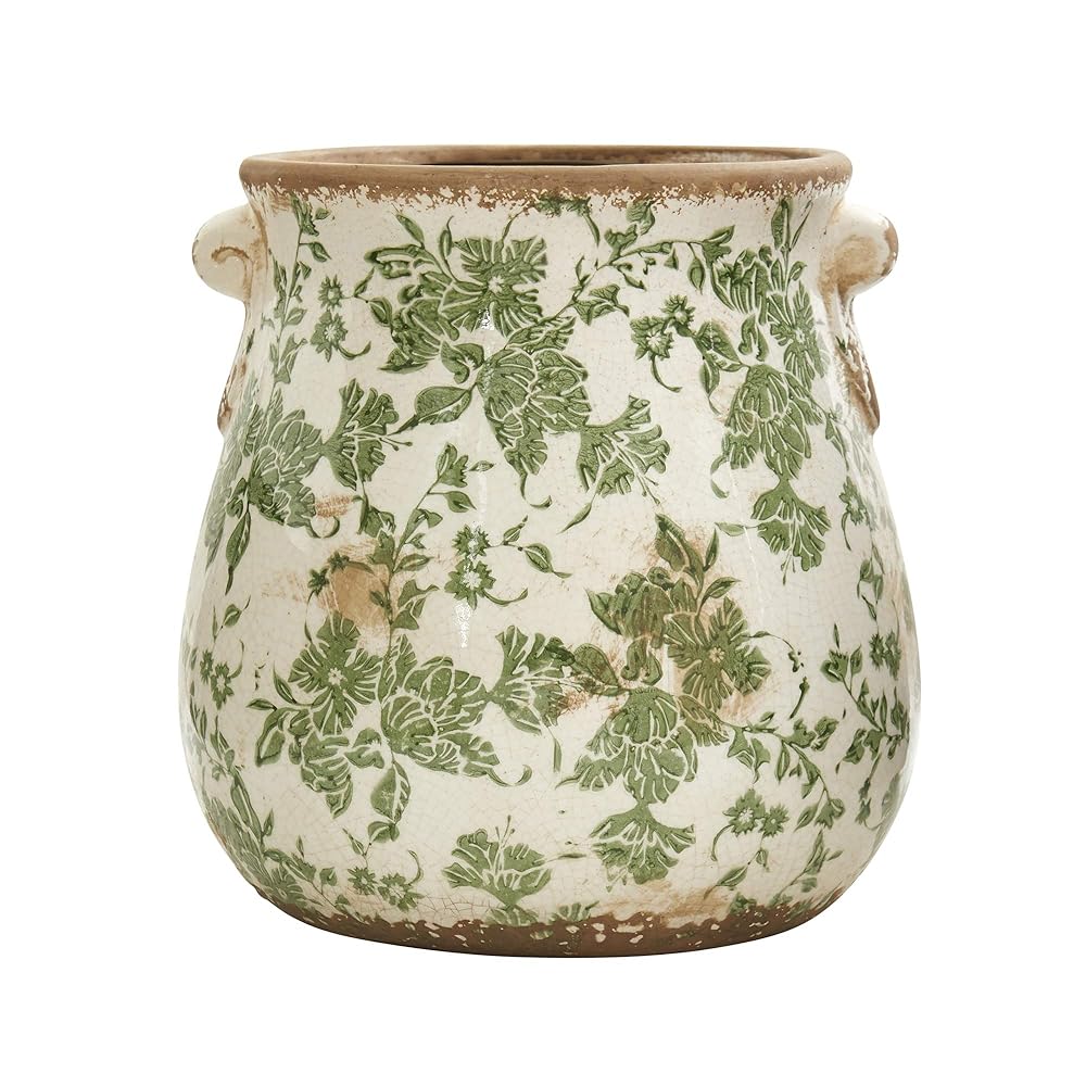 Nearly Natural 10in. Indoor Tuscan Ceramic Green Scroll Decorative Vase