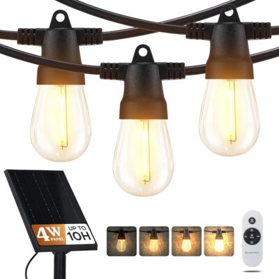 Brightech Ambience Pro Super Bright Solar - 48Ft Remote Control Outdoor String Lights with 15 Shatterproof S14 Bulbs, Commercial Grade LED, Waterproof Patio Lights, 4W Soft White for Patios, Gardens