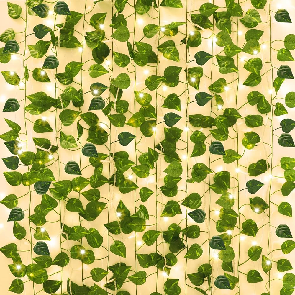 CEWOR 14 Pack 98ft Fake Ivy Vines, Artificial Ivy Garland with 100 LED String Lights, Hanging Plants Greenery Backdrop Green Leaves for Bedroom Room Wall Decor Wedding Party Table Decoration