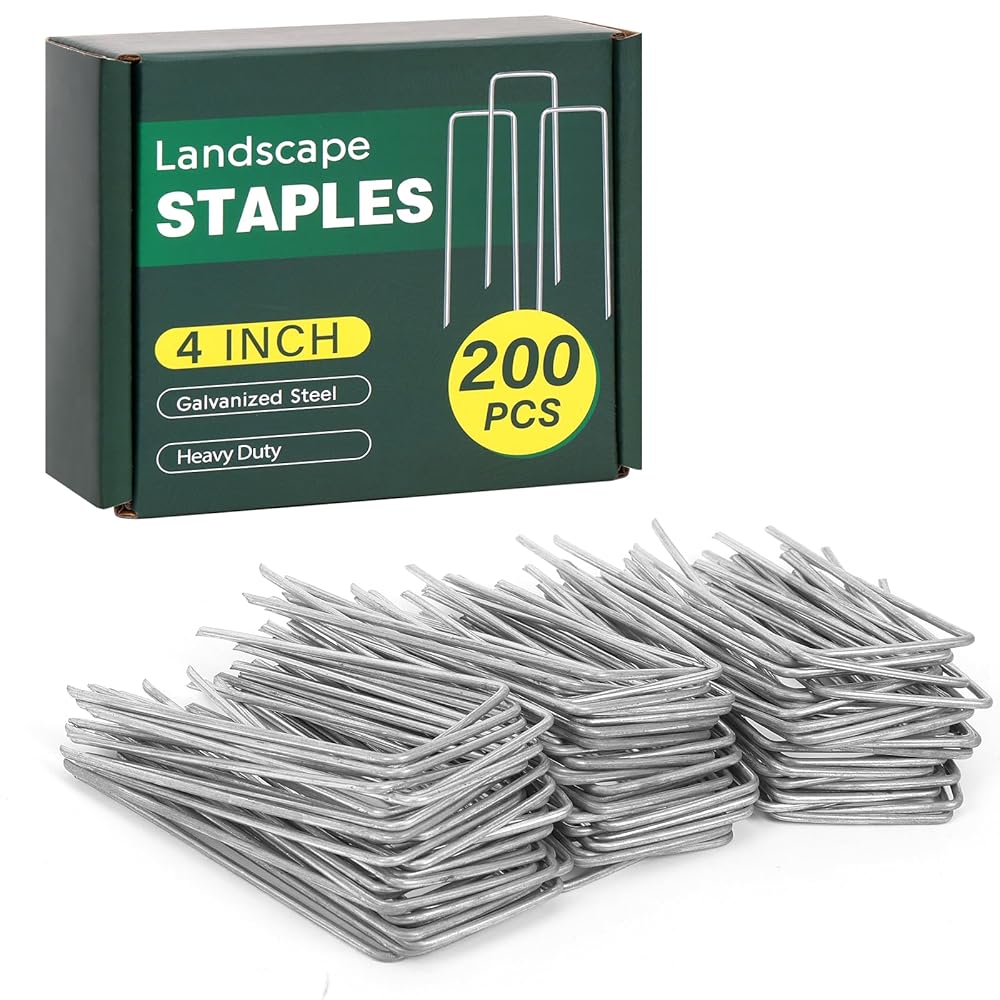 CEWOR 200 Pack Landscape Staples 4 Inches, Galvanized Metal Garden Stakes Landscaping Landscape Fabric Staples Sod Pins for Lawn, Barrier Fabric, Garden Fence, Ground Cover