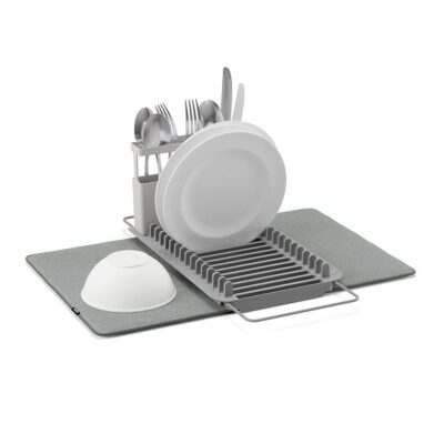 Umbra Udry Rack and Microfiber Dish Drying Mat-Space-Saving Lightweight Design Folds Up for Easy Storage, Over The Sink, Charcoal