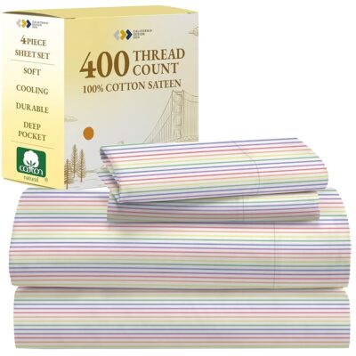 California Design Den Rainbow Striped King Size Sheets Set - Luxury 400 Thread Count Sateen, Natural 100% Cotton Sheets, Deep Pockets, Cooling and Durable Bedding Set - Rainbow Striped