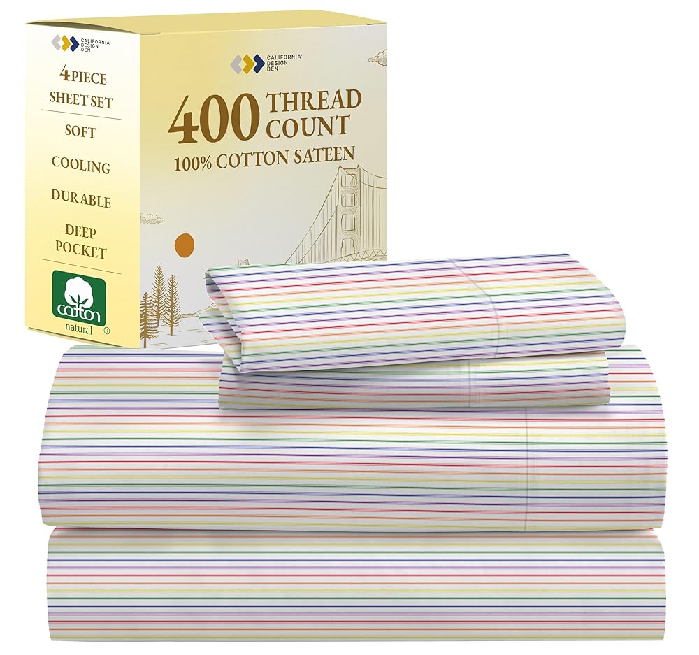 California Design Den Rainbow Striped King Size Sheets Set - Luxury 400 Thread Count Sateen, Natural 100% Cotton Sheets, Deep Pockets, Cooling and Durable Bedding Set - Rainbow Striped