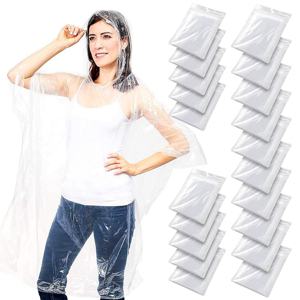 Juvale 20-Pack Disposable Rain Ponchos for Adults with Hood - Lightweight Emergency Plastic Poncho for Outdoor Events, Travel, Camping, Hiking, and Festivals - Clear