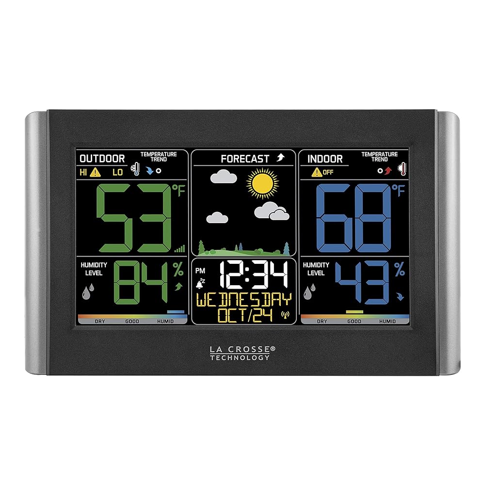 La Crosse Technology Weather Station with Customizable Alerts, Weather Forecast, Temperature, Dew Point, Humidity, Time, Heat Index, Large Display, Adjustable Brightness, Wireless, Black, C85845-INT