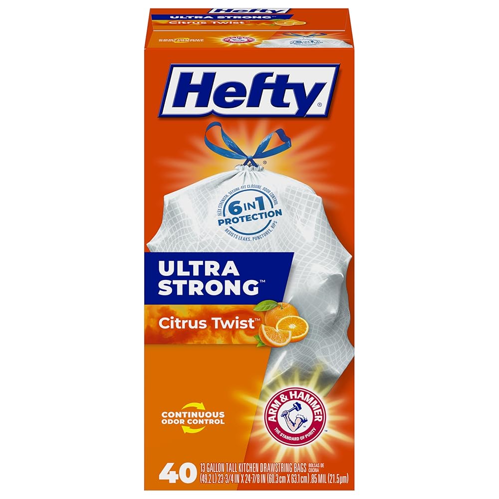 Hefty Ultra Strong Tall Kitchen Trash Bags, Citrus Twist Scent, 13 Gallon, 40 Count