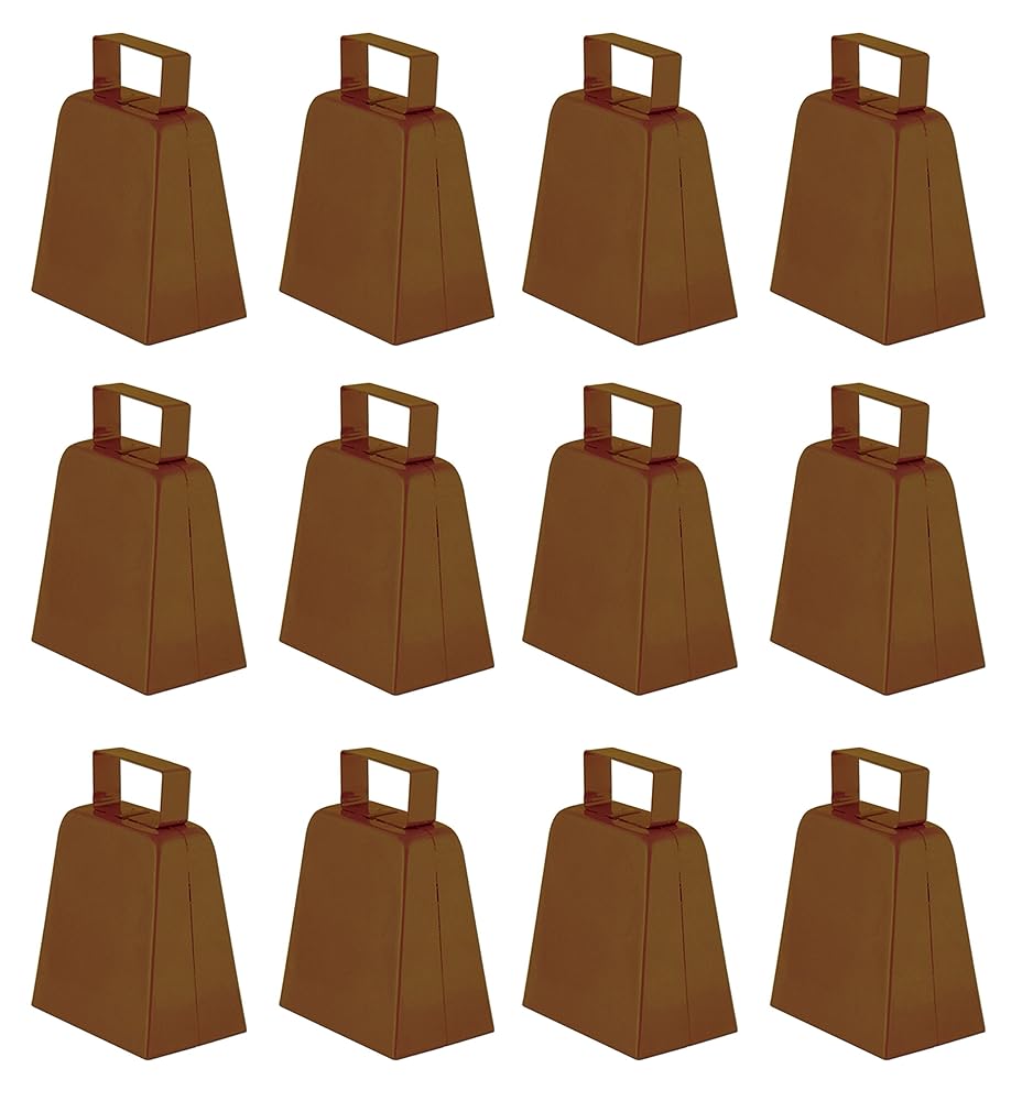 Beistle Brown Cowbells, Pack of 12, Metal Noise Makers for School Spirit, Pep Rallies, Game Day, Team Pride and Country Western Sporting Events, Party Accessories, 4”