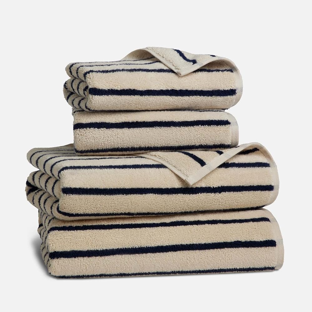 Brooklinen Super-Plush Turkish Cotton Bath Towel Set - 2 Bath Towels + 2 Hand Towels Cotton, 820 GSM, Highly Absorbent, Machine Washable, Perfect for Home & Bathroom (Striped Navy)