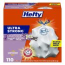 Hefty Ultra Strong 13 Gallon Trash Bags, Tall Kitchen Trash Bags 13 Gallon Size, Drawstring Closure, Continuous Odor Control, White, Lavender and Sweet Vanilla Scent, 110 Bags