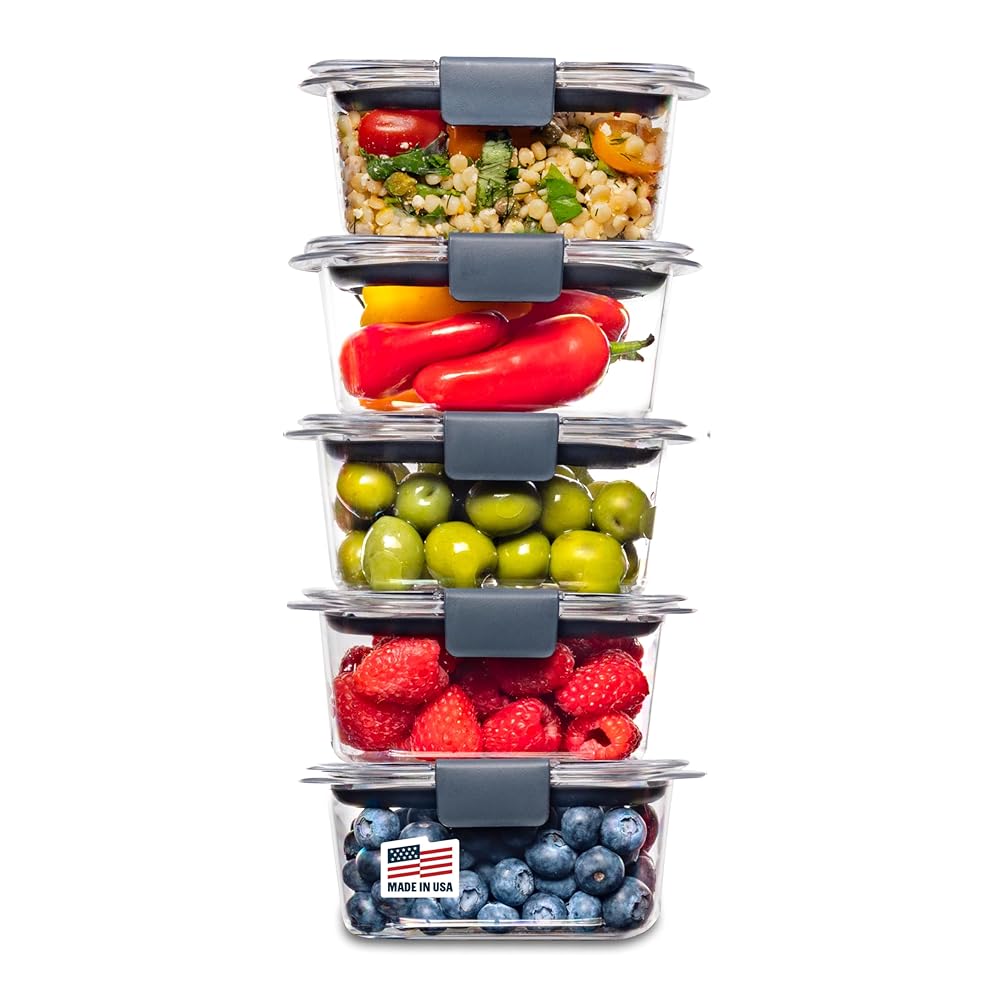 Rubbermaid Brilliance BPA-Free Food Storage Containers Multi Pack, 1.3 Cup Plastic Containers with Lids, 5 Pack, Leak Proof, Microwave & Dishwasher Safe