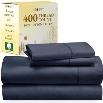 California Design Den Natural 100% Cotton Sheets, Full Size Sheets Set, 400 Thread Count Sateen Bedding, Deep Pockets for a Snug Fit, Durable & Breathable - Indigo Dusty Blue