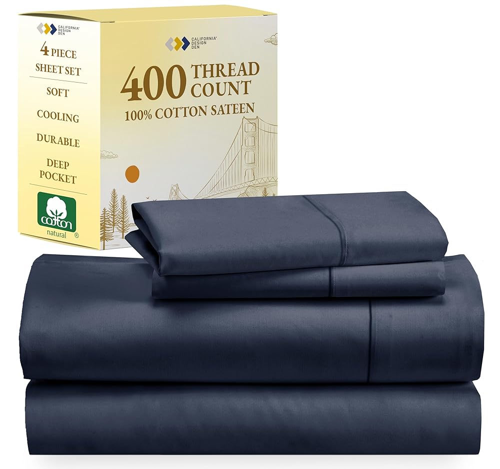 California Design Den Natural 100% Cotton Sheets, Full Size Sheets Set, 400 Thread Count Sateen Bedding, Deep Pockets for a Snug Fit, Durable & Breathable - Indigo Dusty Blue