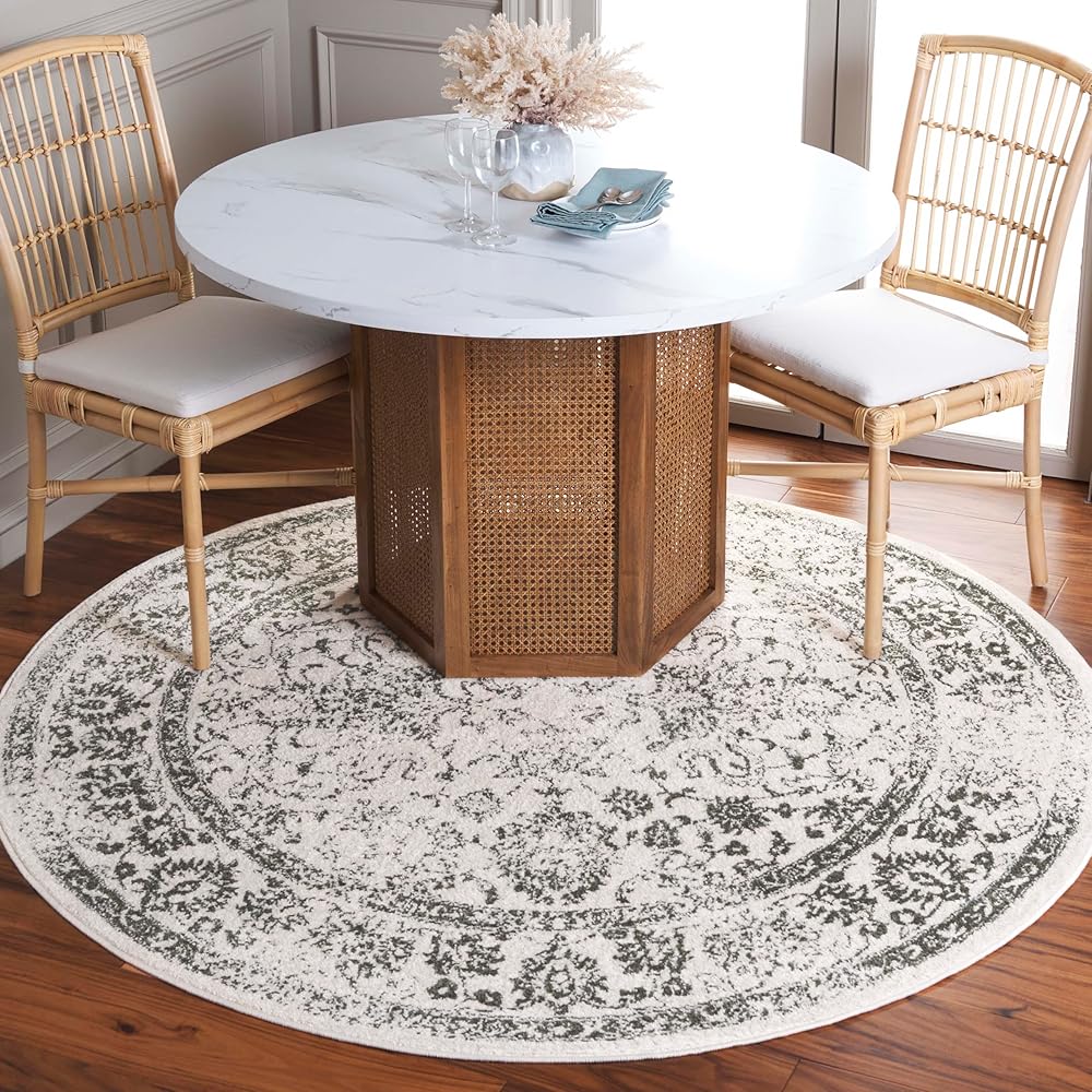 SAFAVIEH Adirondack Collection Area Rug - 8' Round, Ivory & Dark Green, Oriental Distressed Design, Non-Shedding & Easy Care, Ideal for High Traffic Areas in Living Room, Dining, Bedroom (ADR109X)