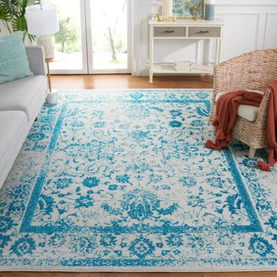 SAFAVIEH Adirondack Collection Area Rug - 9' x 12', Ivory & Teal, Oriental Distressed Design, Non-Shedding & Easy Care, Ideal for High Traffic Areas in Living Room, Bedroom (ADR109D)